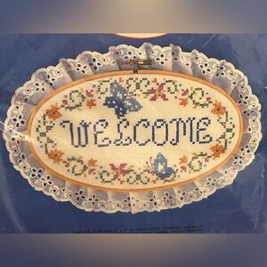 VTG ColorTex Cottagecore Welcome Stamped Cross Stitch Kit w/Hoop Frame NEW